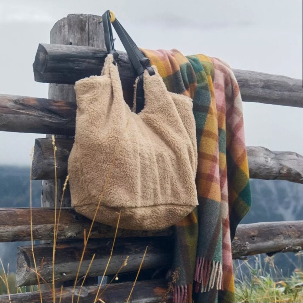 Anthropologie fuzzy sherpa shoulder tote